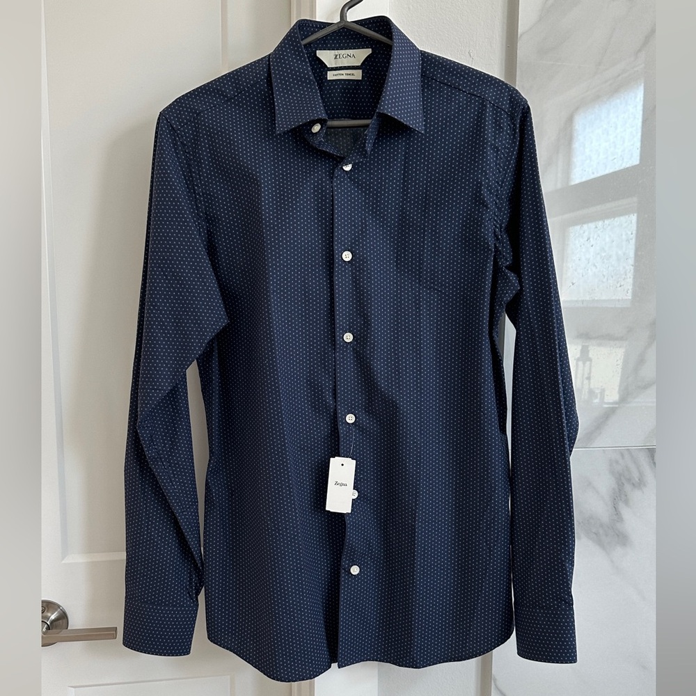 NWT Zegna Men's Cotton Tencel Shirt - Navy Micro-dot - Size 39 / 15.5